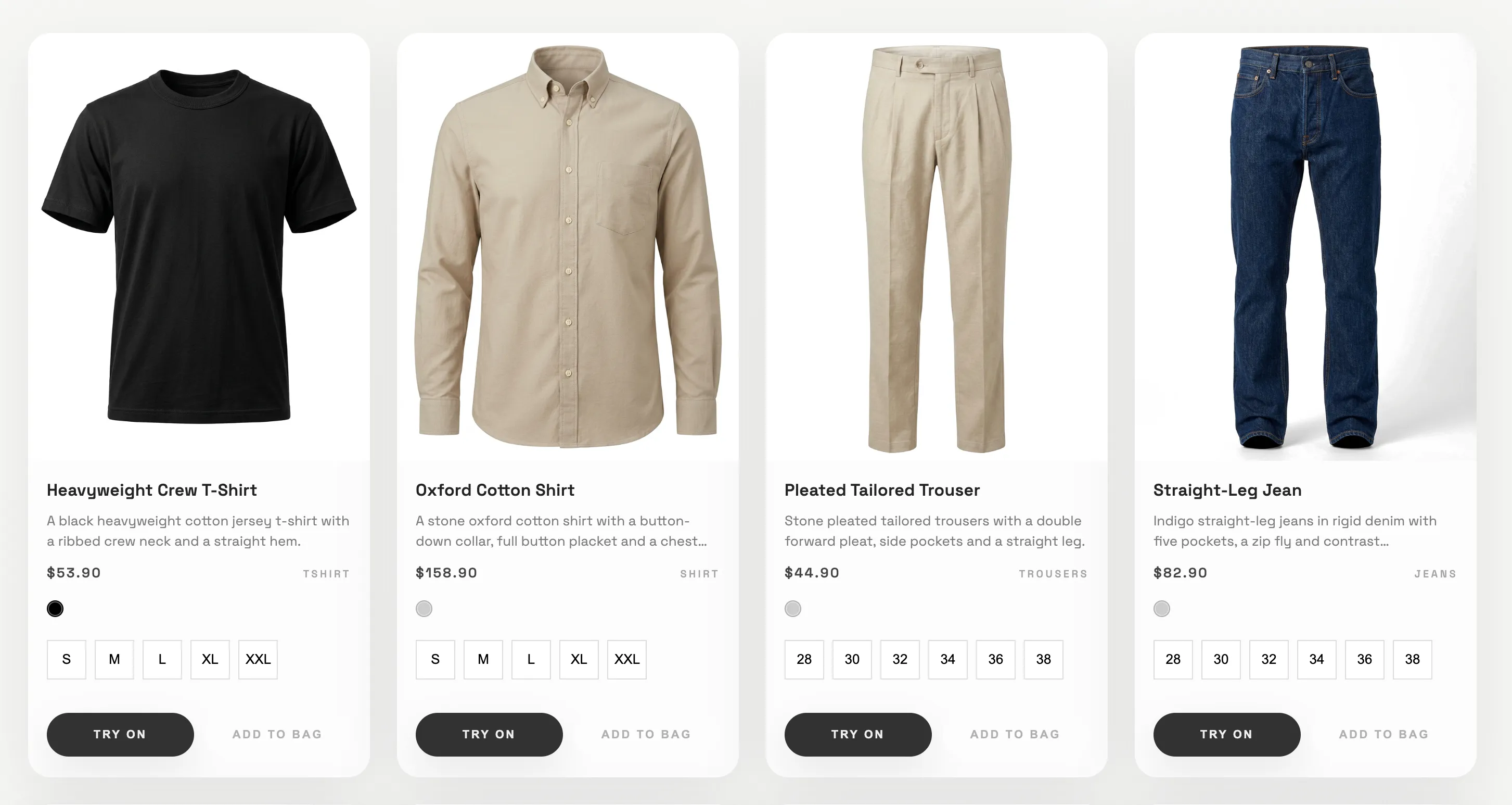 A storefront row of four garments — a t-shirt, an oxford shirt, tailored trousers and jeans — each card carrying a TRY ON control beside ADD TO BAG.