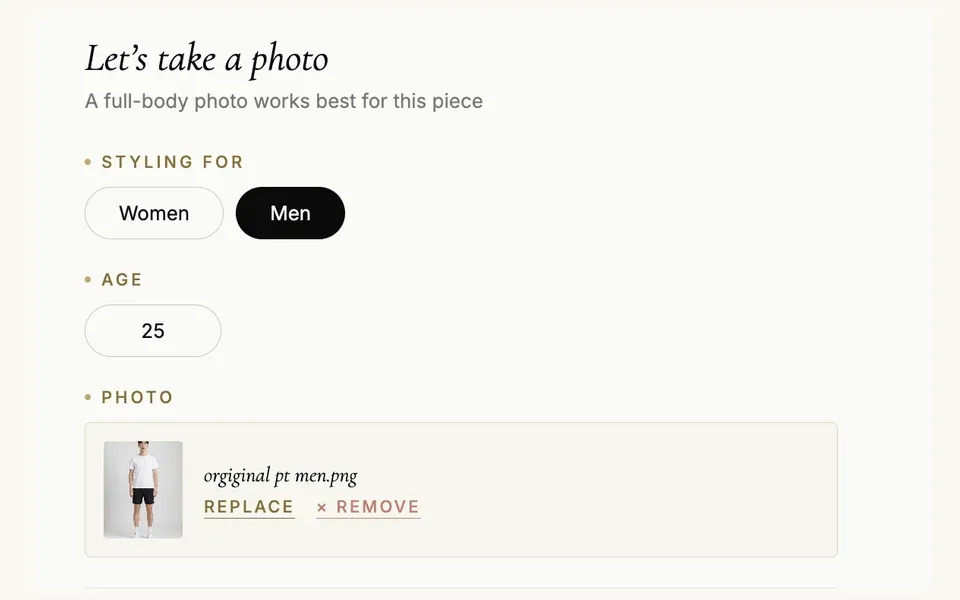 The upload step, headed “Let's take a photo”, with who it is being styled for, an age, and the uploaded photograph.