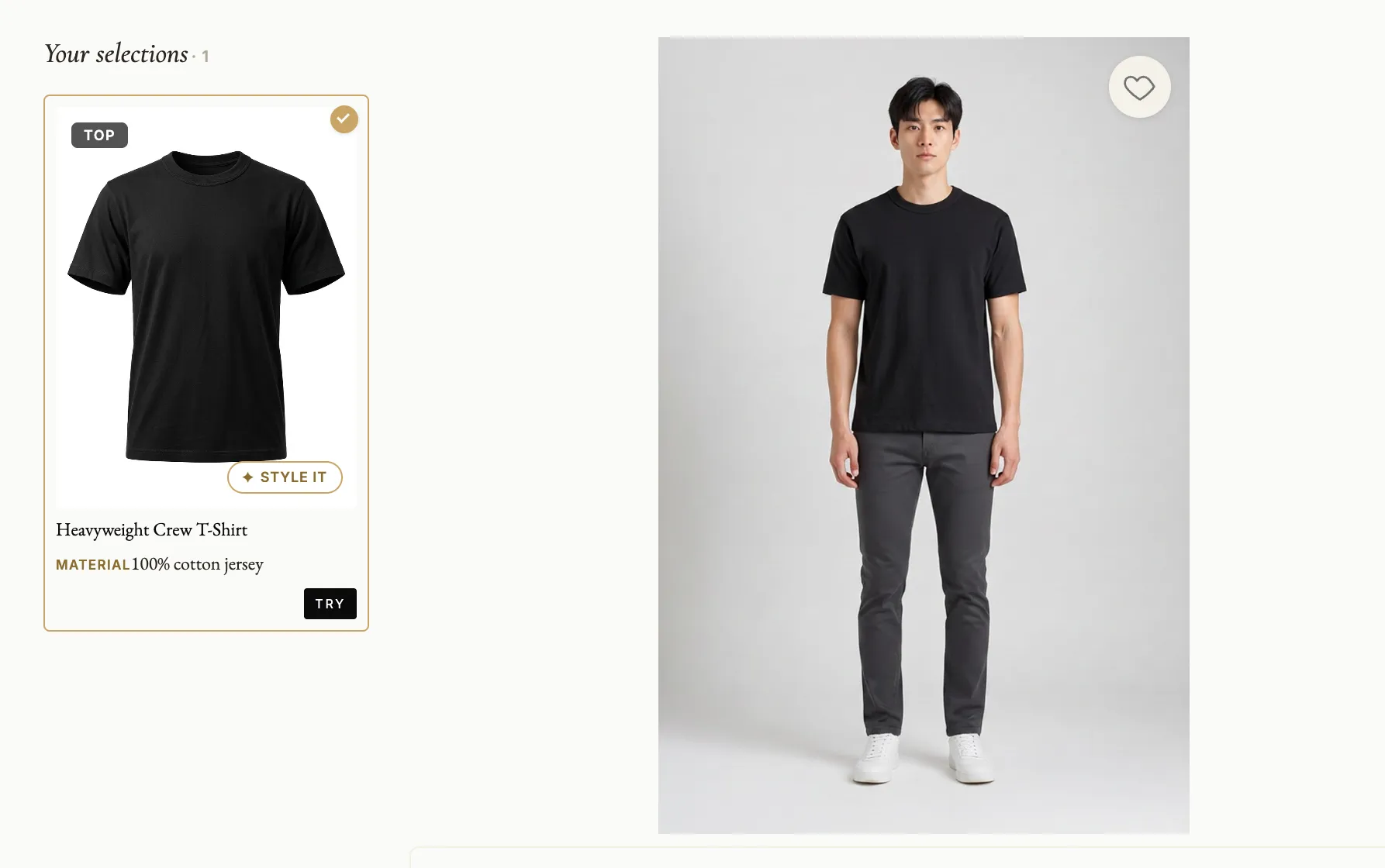 A try-on result: the selected t-shirt rendered onto the shopper's own photograph, with the chosen piece listed beside it.
