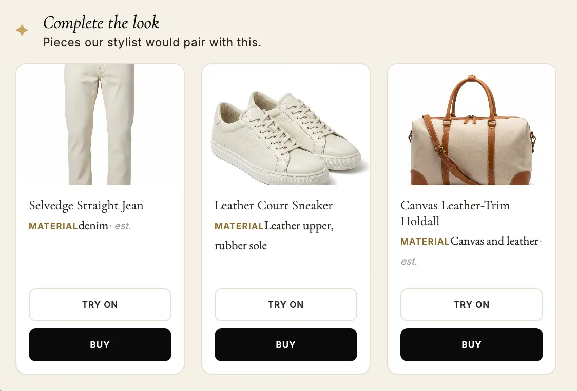 Three suggested pairings — jeans, court sneakers and a holdall — each offering its own try-on.