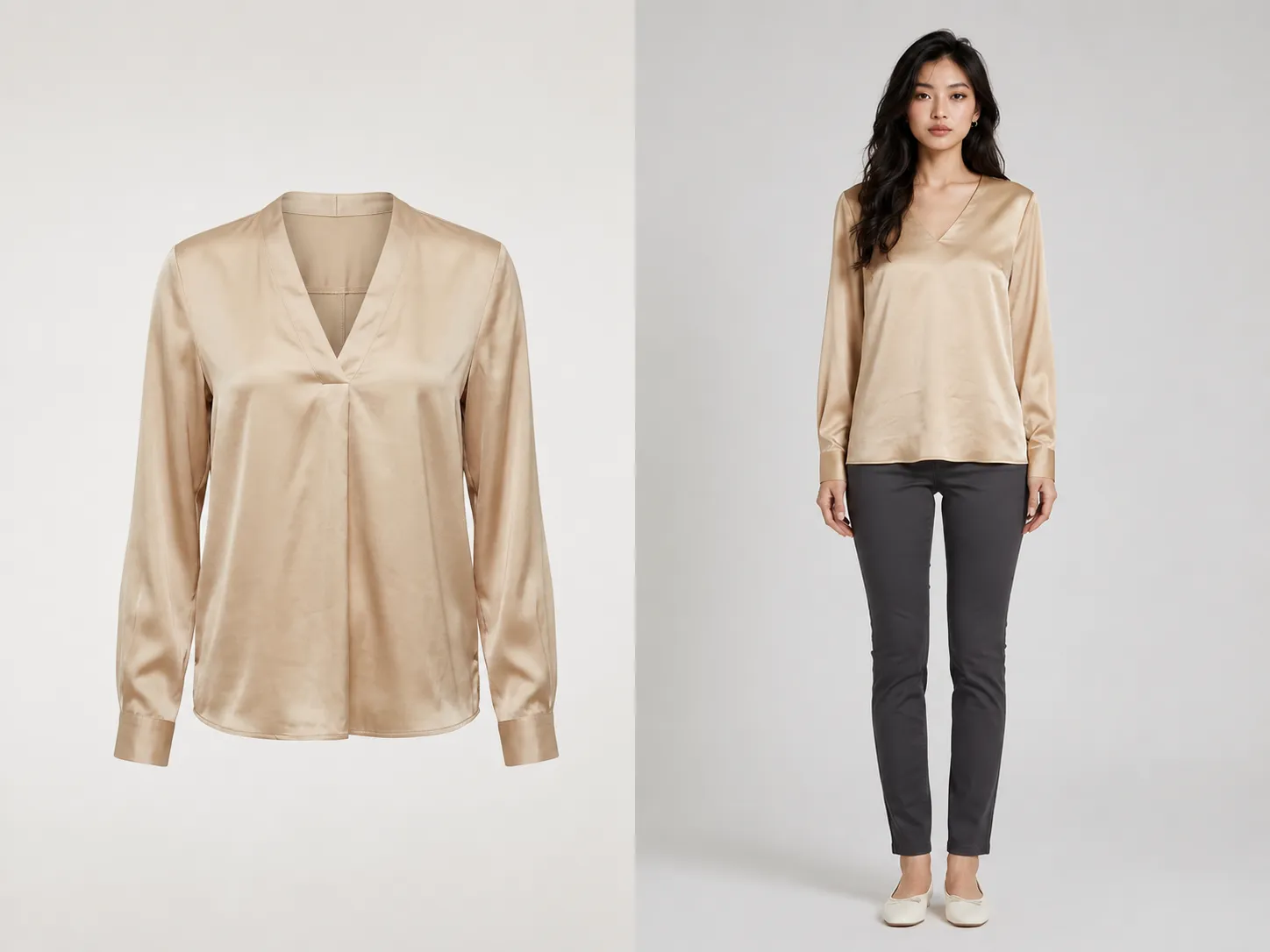 A champagne satin blouse shown twice: as a flat product photograph, and rendered onto the shopper's own full-length photo.