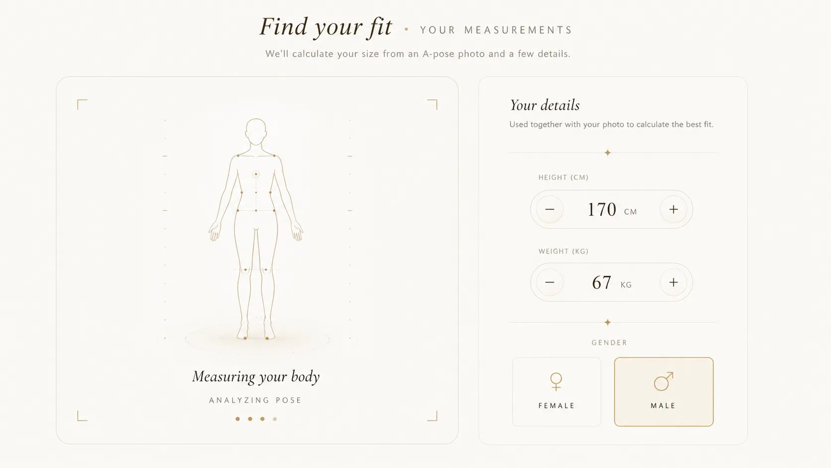 A Find your fit screen: a wireframe body marked with measurement points and labelled Measuring your body, beside a details panel holding height, weight and gender.