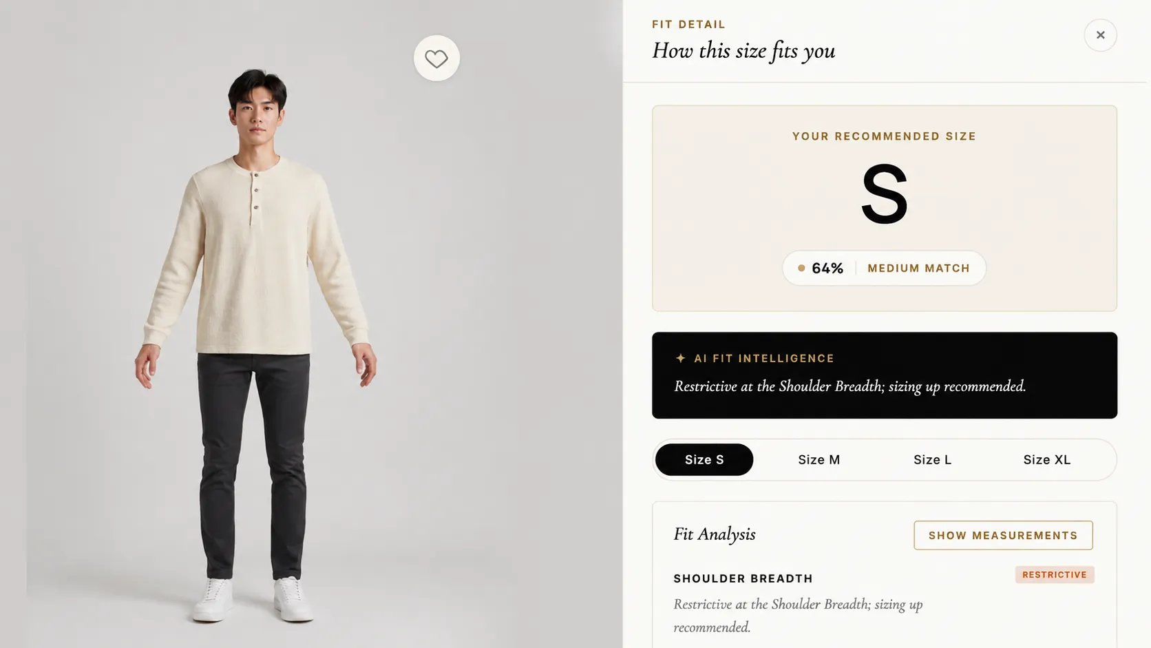 A fit detail panel headed How this size fits you, giving a recommended size of S at a sixty-four per cent medium match, a note that the shoulder breadth is restrictive, a size selector and a per-area fit analysis, beside a full-length photograph of the shopper wearing the garment.