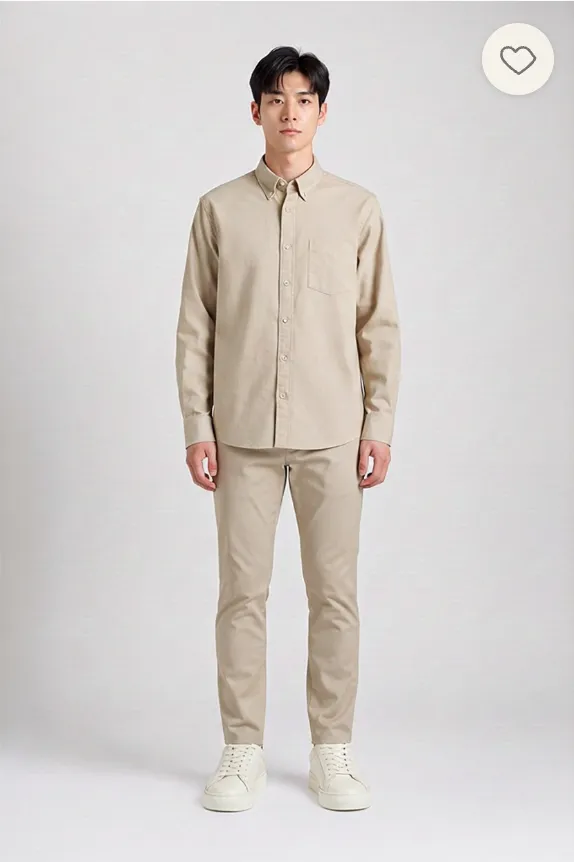 A try-on result: a beige overshirt with matching chinos and white trainers.