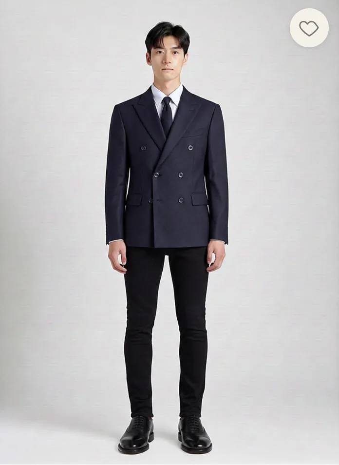 A try-on result: a navy double-breasted blazer with black trousers and black boots.