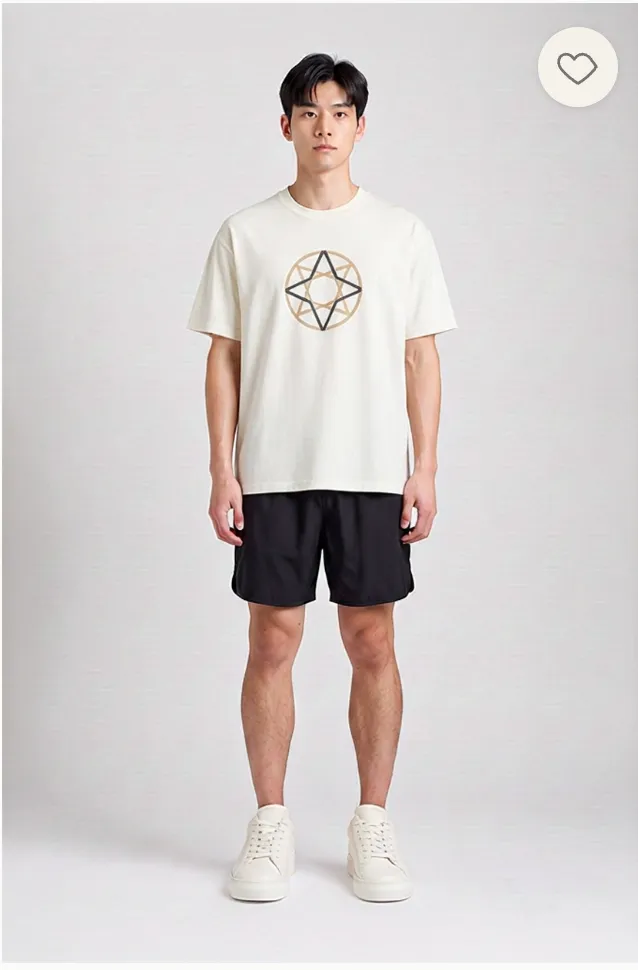 A try-on result: a cream printed t-shirt with navy shorts and white trainers.