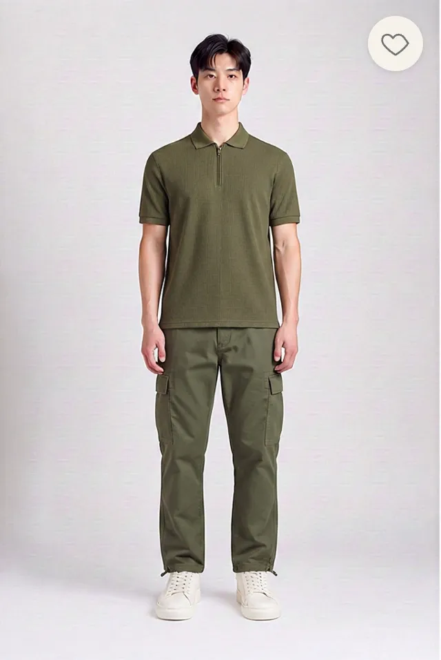 A try-on result: an olive polo shirt with olive cargo trousers and white trainers.