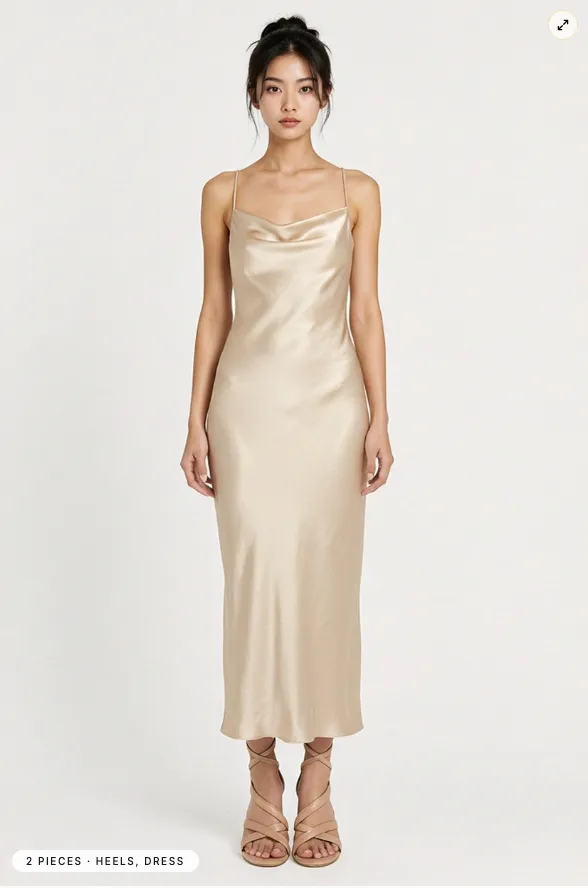 A try-on result: a champagne satin slip midi dress with strappy heeled sandals.