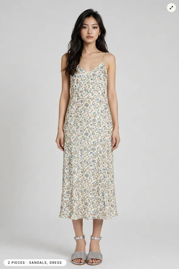 A try-on result: a floral print slip midi dress with pale strappy sandals.