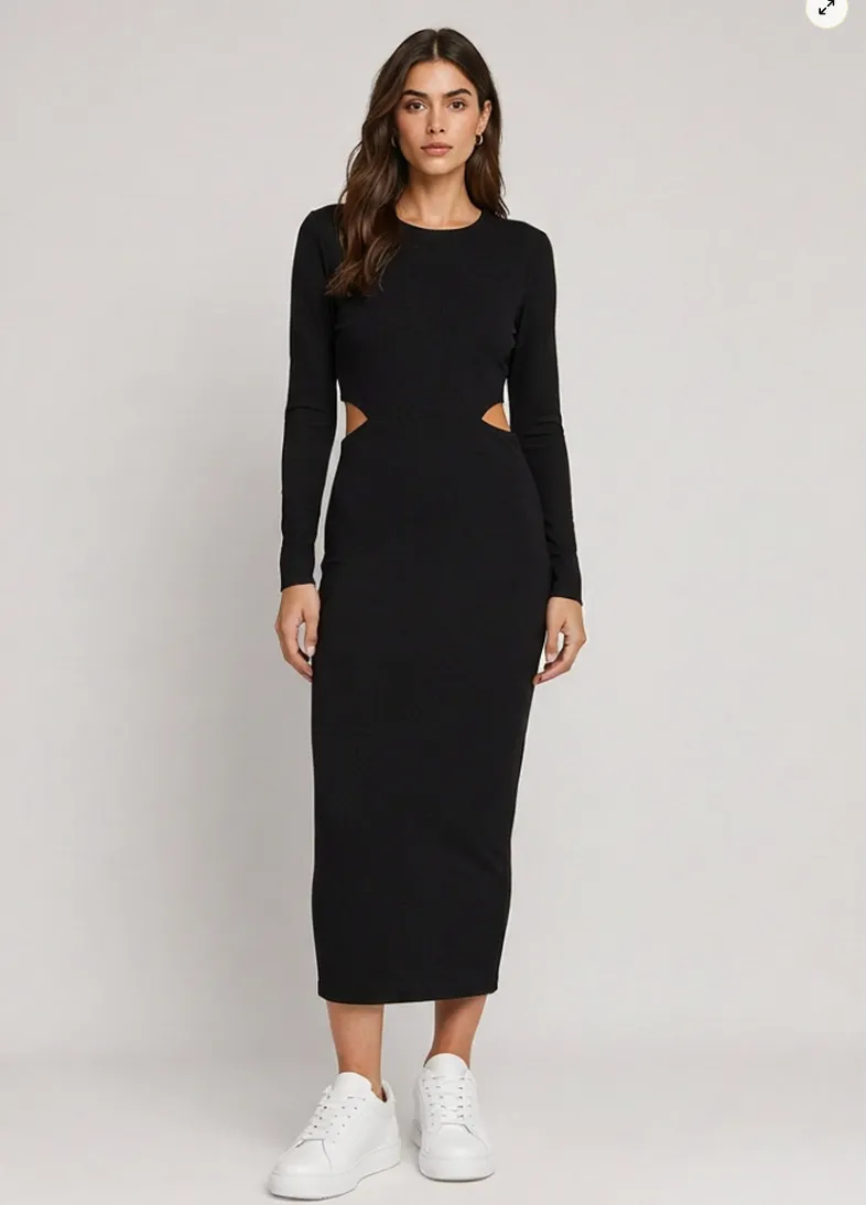 A try-on result: a black long-sleeved cut-out midi dress with white trainers.